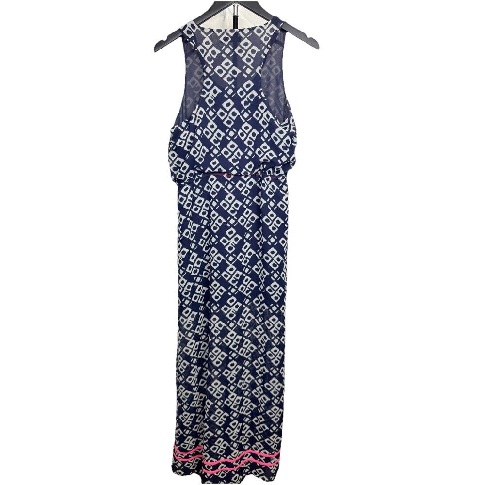 THML Dress Women's Sz S Navy White Hot Pink Tribal Print Maxi Sleeveless - Picture 2 of 11
